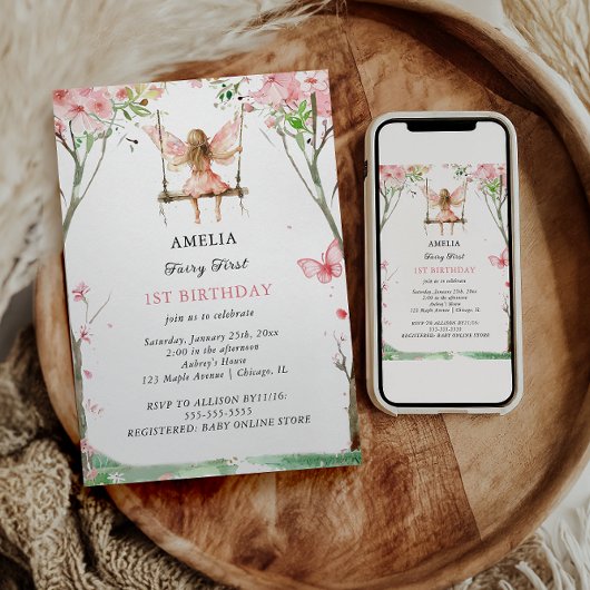 妖精の最初の水彩花の女の子 1歳の誕生日 招待状