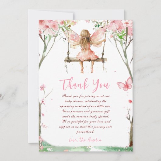 妖精の最初の水色フローラ女の子の最初の誕生日 サンキューカード (正面)