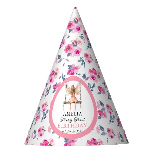 妖精の最初の水色フローラ女の子の最初の誕生日 パーティーハット (正面)