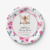 妖精の最初の水色フローラ女の子の最初の誕生日 ペーパープレート (正面)