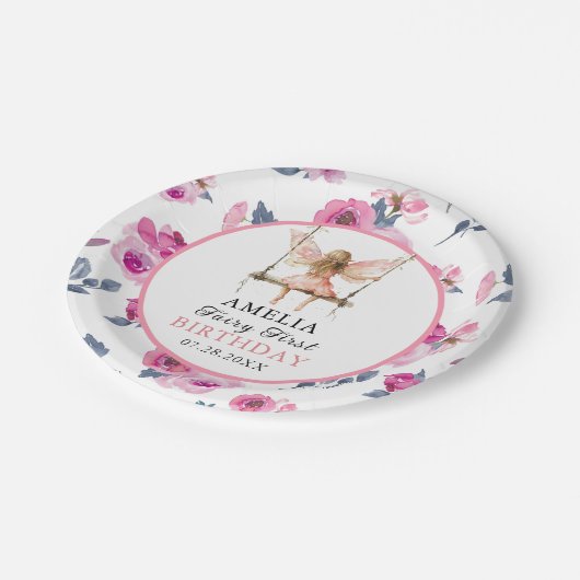 妖精の最初の水色フローラ女の子の最初の誕生日 ペーパープレート (アングル)