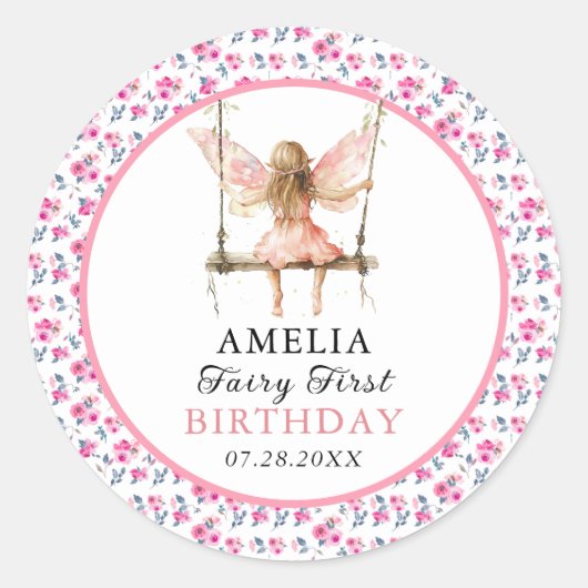 妖精の最初の水色フローラ女の子の最初の誕生日 ラウンドシール (正面)