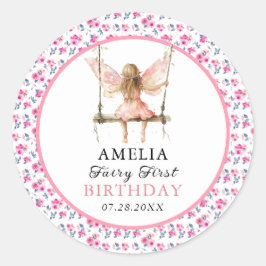 妖精の最初の水色フローラ女の子の最初の誕生日 ラウンドシール