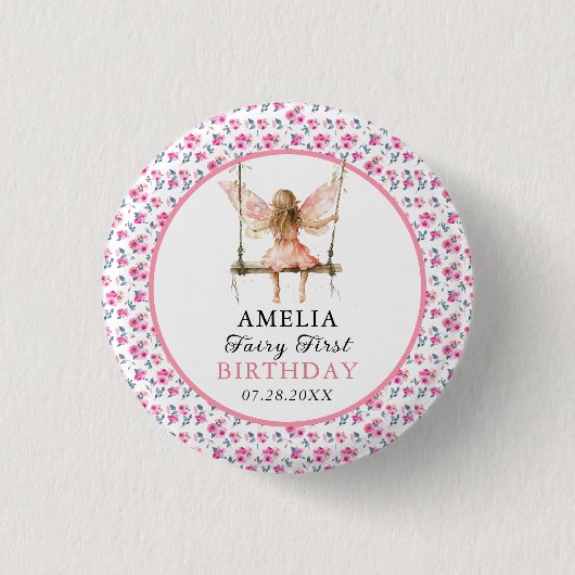 妖精の最初の水色フローラ女の子の最初の誕生日 缶バッジ (正面)