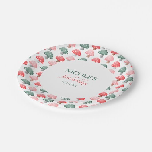 妖精の最初の誕生日かわいいカラフルキノコ ペーパープレート (アングル)