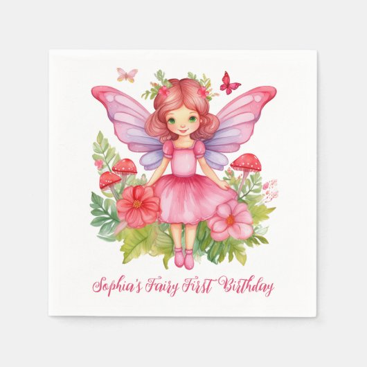 妖精の最初の誕生日かわいい女の子ピンクの水色 スタンダードカクテルナプキン (正面)
