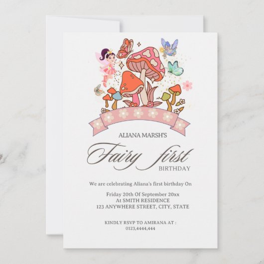 妖精の最初の誕生日かわいい水の色キノコ 招待状 (正面)