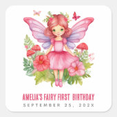 妖精の最初の誕生日かわいらしピンクガールウォーター色 スクエアシール (正面)