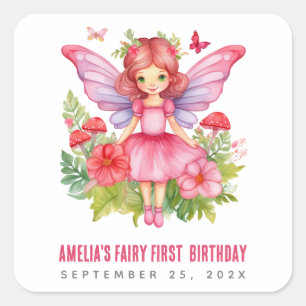 妖精の最初の誕生日かわいらしピンクガールウォーター色 スクエアシール