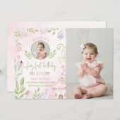 妖精の最初の誕生日の森のキノコ写真 招待状 (正面/裏面)