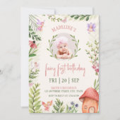 妖精の最初の誕生日の森のキノコ写真 招待状 (正面)