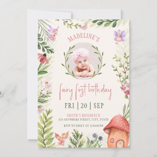 妖精の最初の誕生日の森のキノコ写真 招待状 (正面)