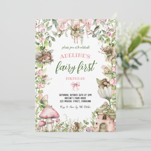 妖精の最初の誕生日の森の水の色かわいい女の子 招待状 (スタンド正面)