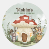 妖精の最初の誕生日キノコの森の動物 ラウンドシール (正面)