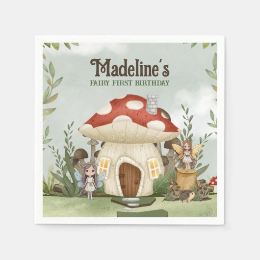 妖精の最初の誕生日キノコ樹林動物 スタンダードカクテルナプキン (正面)