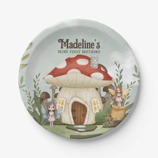 妖精の最初の誕生日キノコ樹林動物 ペーパープレート (正面)