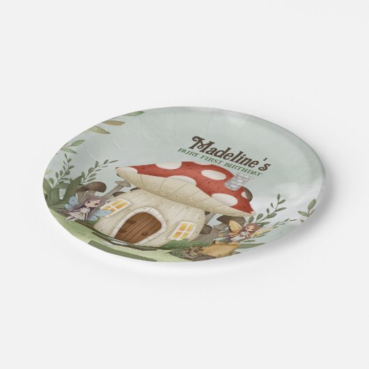 妖精の最初の誕生日キノコ樹林動物 ペーパープレート (アングル)
