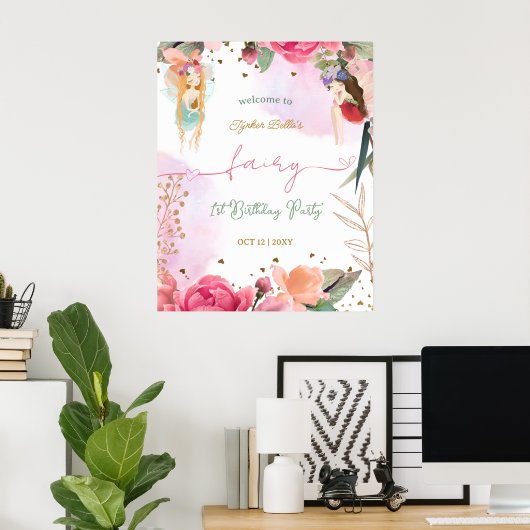 妖精の最初の誕生日パーティベビーガールウェルカムサイン ポスター (ホームオフィス)