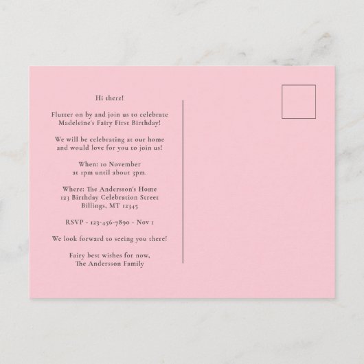 妖精の最初の誕生日パーティーの招待はがき インビテーションポストカード (裏面)