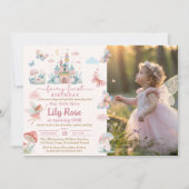 妖精の最初の誕生日ピンクお洒落の城の写真 招待状 (正面)