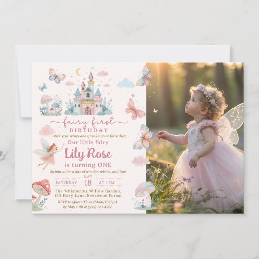 妖精の最初の誕生日ピンクお洒落の城の写真 招待状 (正面)