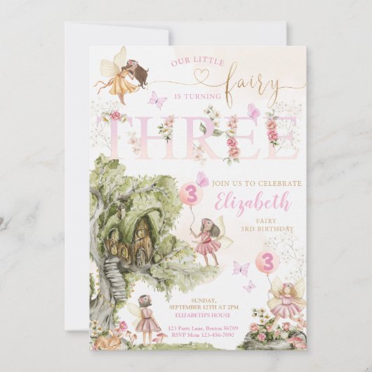 妖精の最初の誕生日フォレストの水の色 招待状 (正面)
