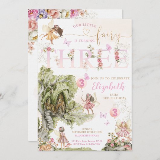 妖精の最初の誕生日フォレストの水の色 招待状 (正面/裏面)