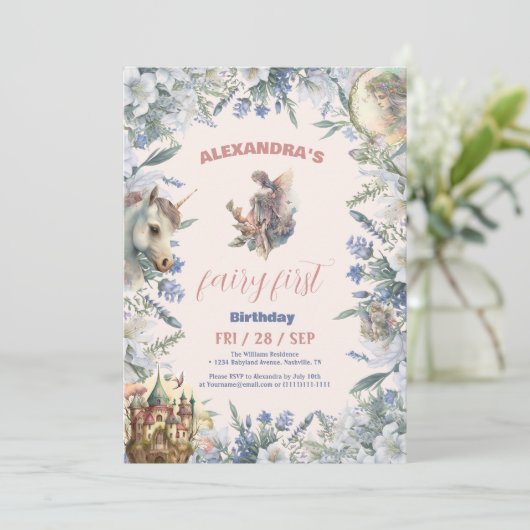 妖精の最初の誕生日フォレストの水の色 招待状 (スタンド正面)
