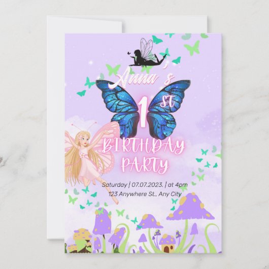 妖精の最初の誕生日プリンセスバタフライキノコ 招待状 (正面)