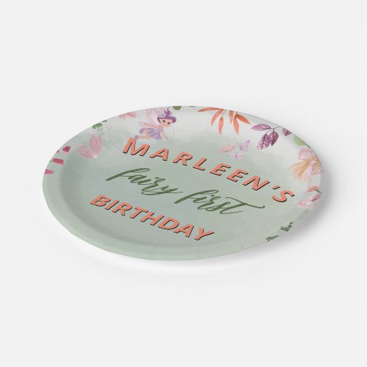 妖精の最初の誕生日森林水の色キノコ ペーパープレート (アングル)