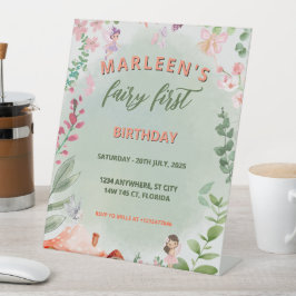 妖精の最初の誕生日森林水の色キノコ 台座サイン