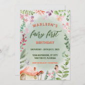 妖精の最初の誕生日森林水の色キノコ 招待状 (正面/裏面)