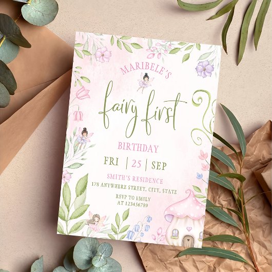 妖精の最初の誕生日森林水の色キノコ 招待状