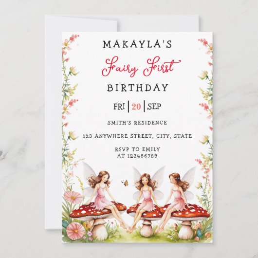 妖精の最初の誕生日森林水の色キノコ 招待状 (正面)