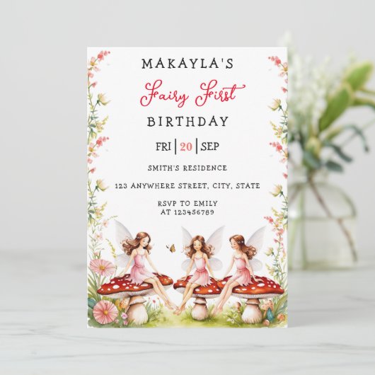 妖精の最初の誕生日森林水の色キノコ 招待状 (スタンド正面)