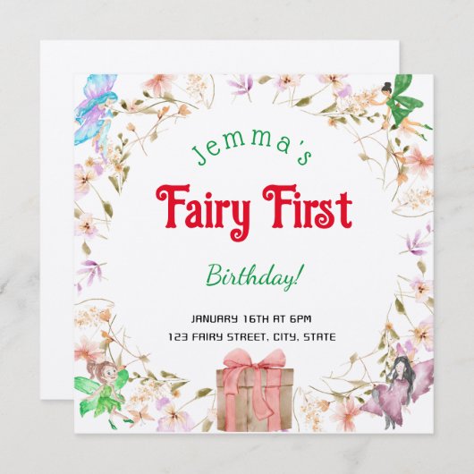 妖精の最初の誕生日水の色ギフトボックス招待状 (正面/裏面)