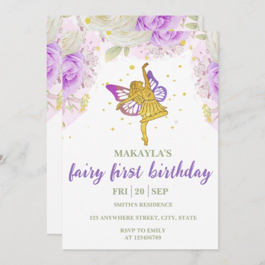 妖精の最初の誕生日花水色キノコ 招待状 (正面/裏面)