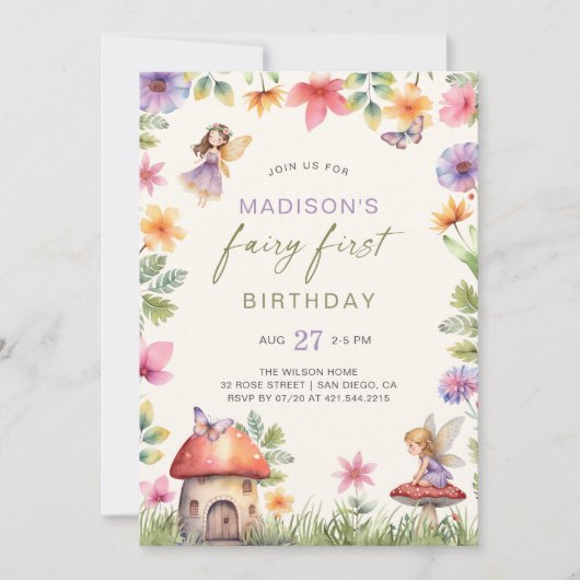 妖精の最初の誕生日魅惑された森のフローラの女の子 招待状 (正面)