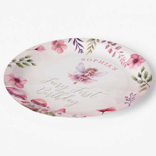 妖精の最初の誕生日魅惑の森のキノコ ペーパープレート (アングル)