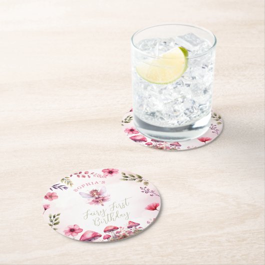 妖精の最初の誕生日魅惑の森のキノコ ラウンドペーパーコースター (インサイチュ)