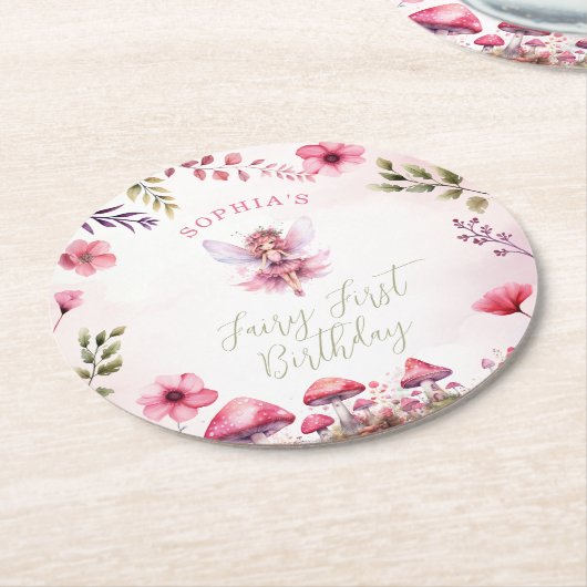 妖精の最初の誕生日魅惑の森のキノコ ラウンドペーパーコースター (アングル)