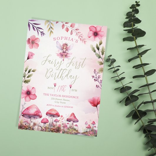 妖精の最初の誕生日魅惑の森のキノコ 招待状