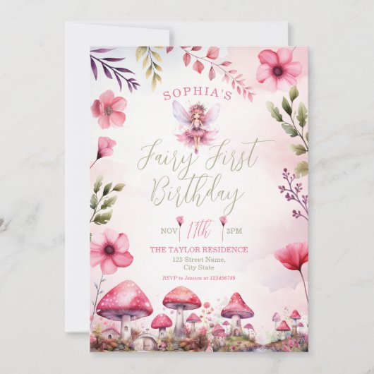 妖精の最初の誕生日魅惑の森のキノコ 招待状 (正面)