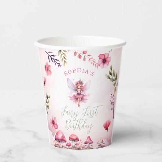 妖精の最初の誕生日魅惑の森のキノコ 紙コップ (正面)