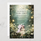 妖精の最初の魅惑の森の女の子1歳の誕生日 招待状 (正面/裏面)