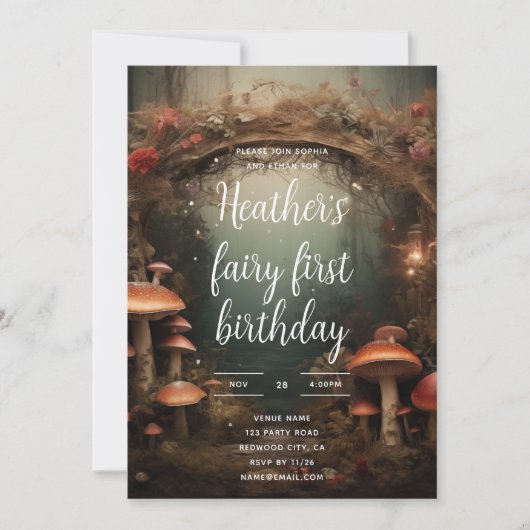 妖精の最初の魅惑キノコの森誕生日 招待状 (正面)