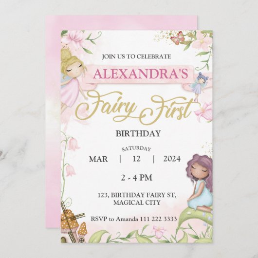 妖精の最初の1番目の誕生日ガールフォレストキノコ 招待状 (正面/裏面)