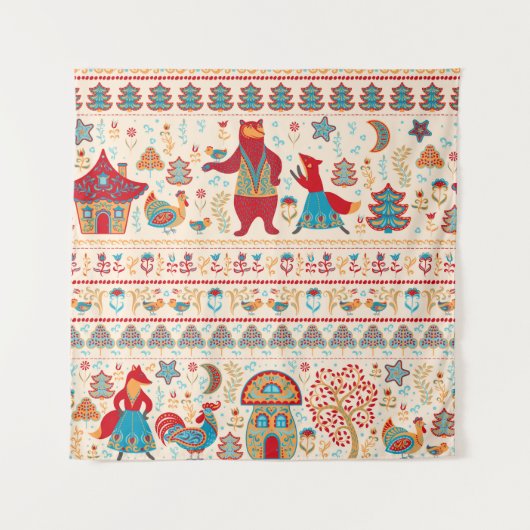 妖精の森の動物:ベージュの背景 タペストリー (正面)