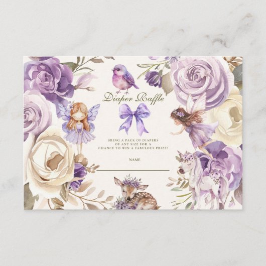 妖精の森の女の子の赤ちゃんシャワーおむつラッフル エンクロージャーカード (正面)