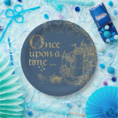 妖精の物語テーマキャッスルキャリッジ金ゴールドオンネイビーブルー ペーパープレート (パーティー)